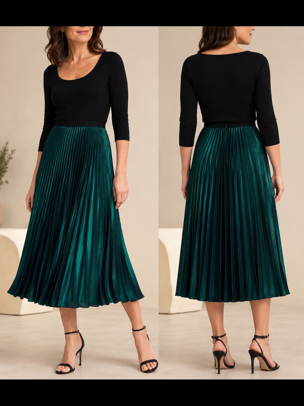 Karen Millen The Atelier Metallic Pleated Midi Skirt Dark Green US 4 UK 8 EU 36